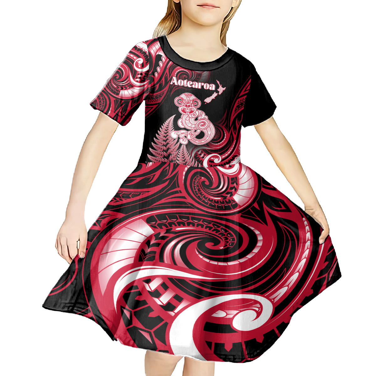 Personalised New Zealand Maori Taniwha Kid Short Sleeve Dress Silver Fern Red Version