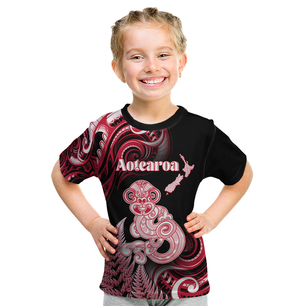 Personalised New Zealand Maori Taniwha Kid T Shirt Silver Fern Red Version