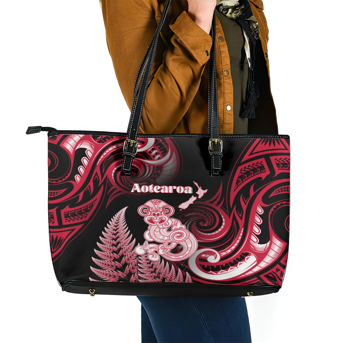 New Zealand Maori Taniwha Leather Tote Bag Silver Fern Red Version LT05 - Polynesian Pride