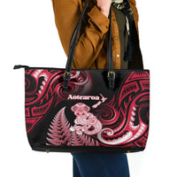 New Zealand Maori Taniwha Leather Tote Bag Silver Fern Red Version LT05 - Polynesian Pride