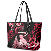 New Zealand Maori Taniwha Leather Tote Bag Silver Fern Red Version LT05 - Polynesian Pride