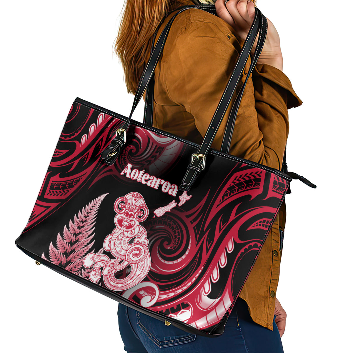 New Zealand Maori Taniwha Leather Tote Bag Silver Fern Red Version LT05 - Polynesian Pride