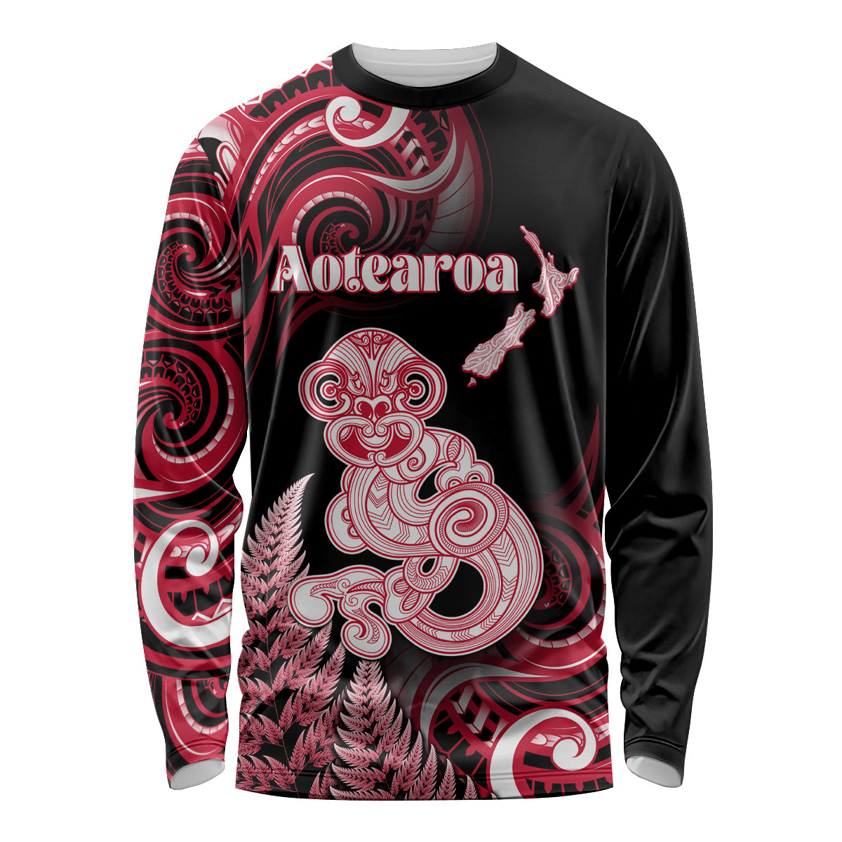 Personalised New Zealand Maori Taniwha Long Sleeve Shirt Silver Fern Red Version