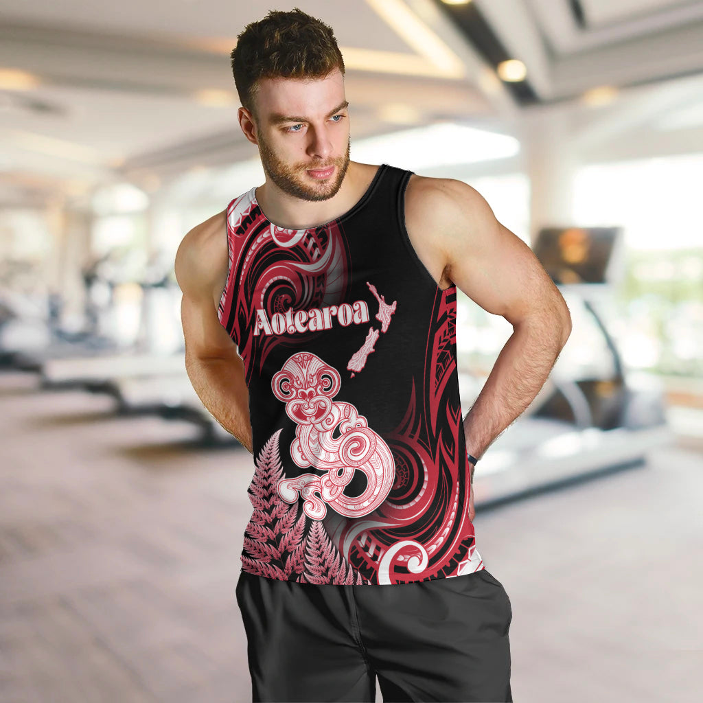 Personalised New Zealand Maori Taniwha Men Tank Top Silver Fern Red Version LT05 Red - Polynesian Pride