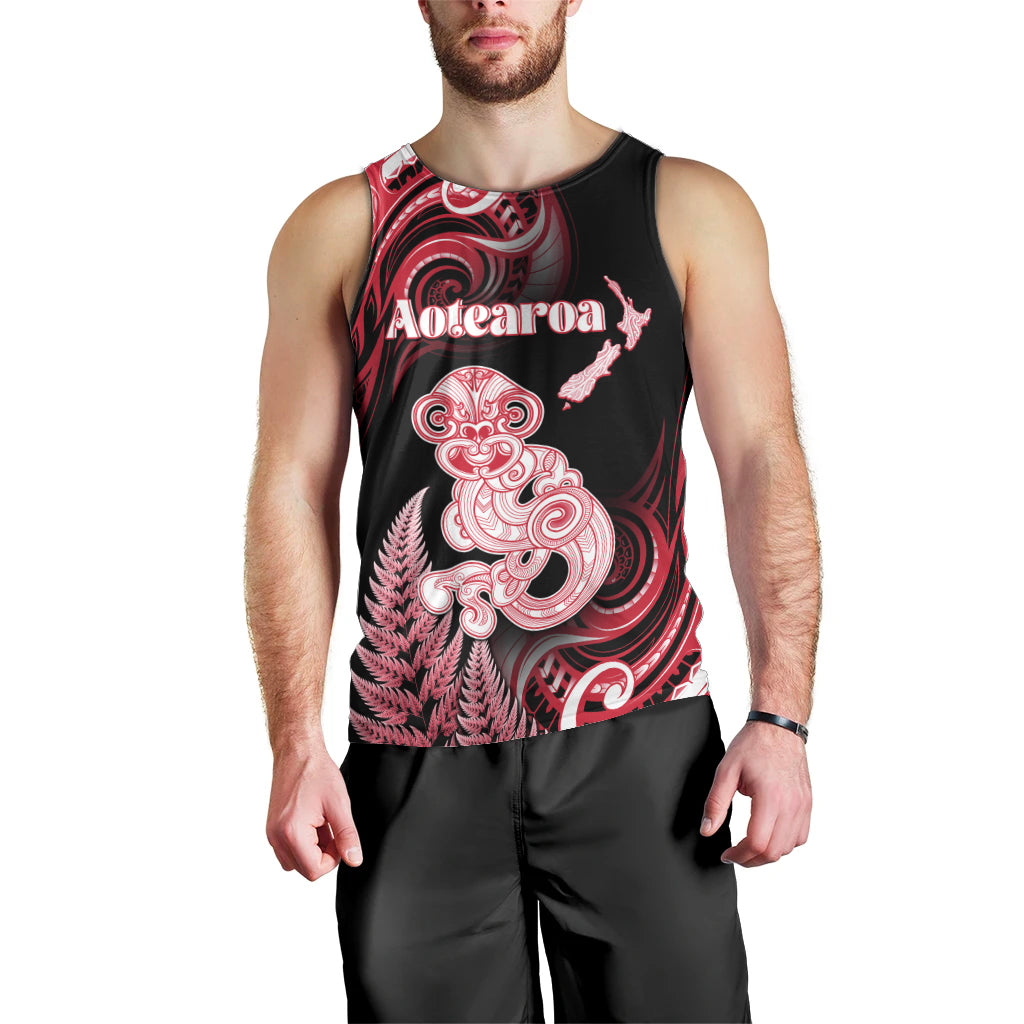 Personalised New Zealand Maori Taniwha Men Tank Top Silver Fern Red Version LT05 - Polynesian Pride