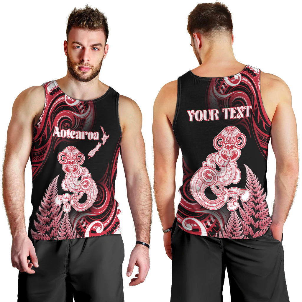 Personalised New Zealand Maori Taniwha Men Tank Top Silver Fern Red Version LT05 - Polynesian Pride