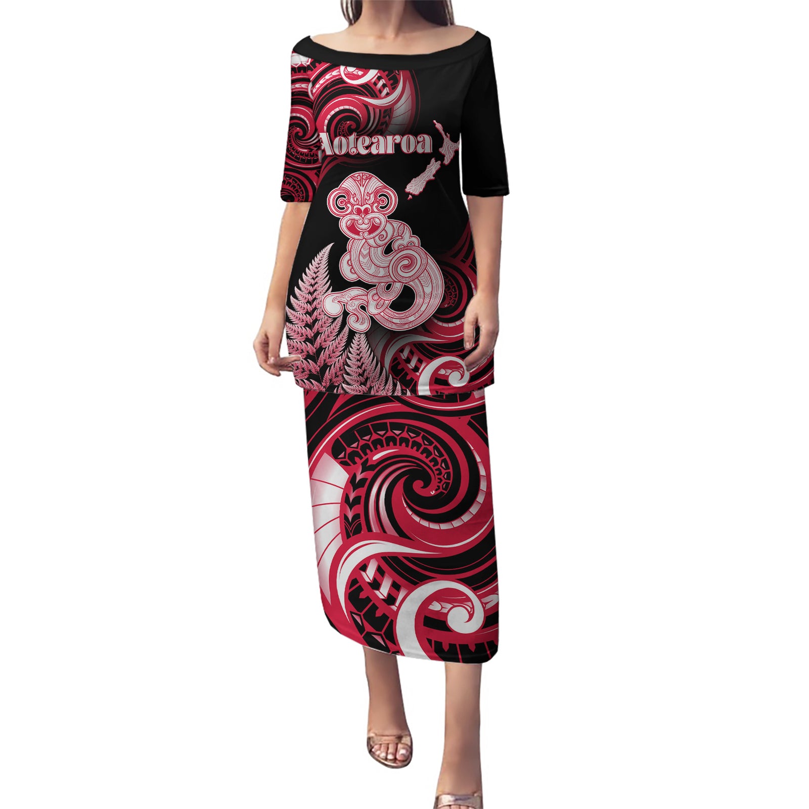 Personalised New Zealand Maori Taniwha Puletasi Silver Fern Red Version LT05 Long Dress Red - Polynesian Pride