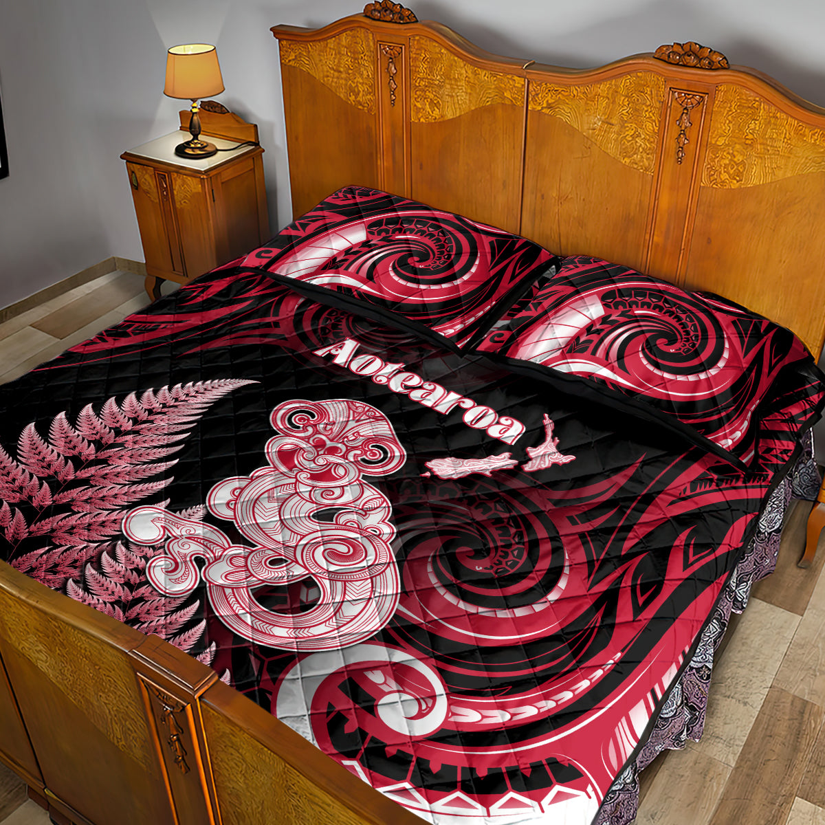 New Zealand Maori Taniwha Quilt Bed Set Silver Fern Red Version