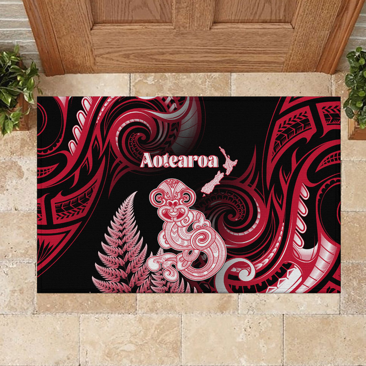 New Zealand Maori Taniwha Rubber Doormat Silver Fern Red Version LT05 - Polynesian Pride