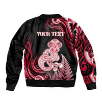 Personalised New Zealand Maori Taniwha Sleeve Zip Bomber Jacket Silver Fern Red Version LT05 - Polynesian Pride