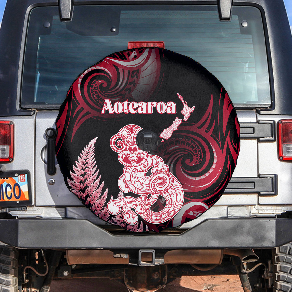 New Zealand Maori Taniwha Spare Tire Cover Silver Fern Red Version