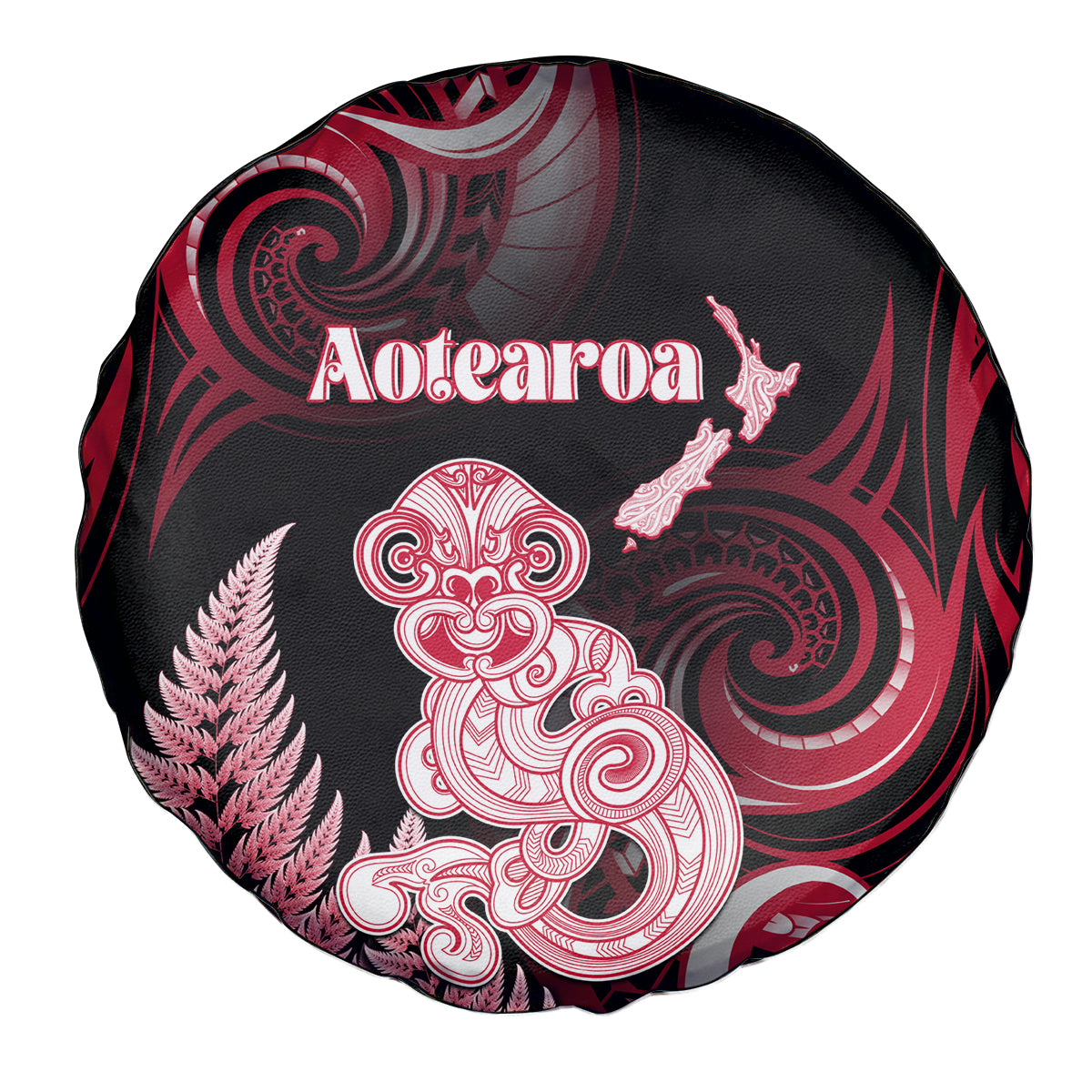 New Zealand Maori Taniwha Spare Tire Cover Silver Fern Red Version LT05 - Polynesian Pride