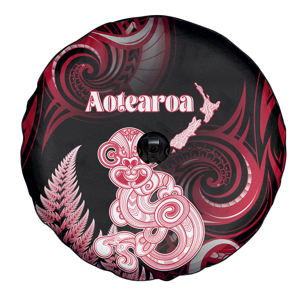 New Zealand Maori Taniwha Spare Tire Cover Silver Fern Red Version LT05 - Polynesian Pride