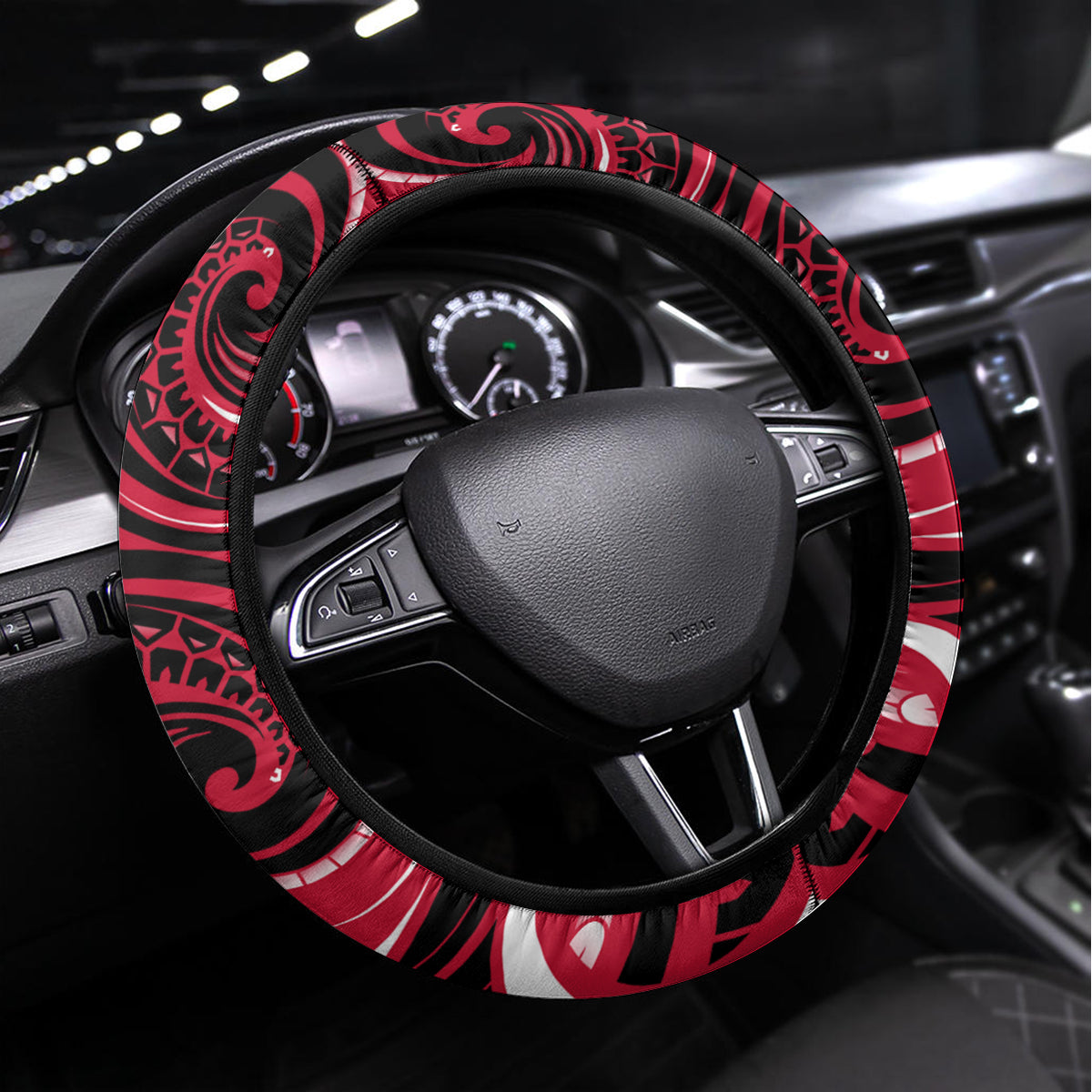 New Zealand Maori Taniwha Steering Wheel Cover Silver Fern Red Version LT05 Universal Fit Red - Polynesian Pride