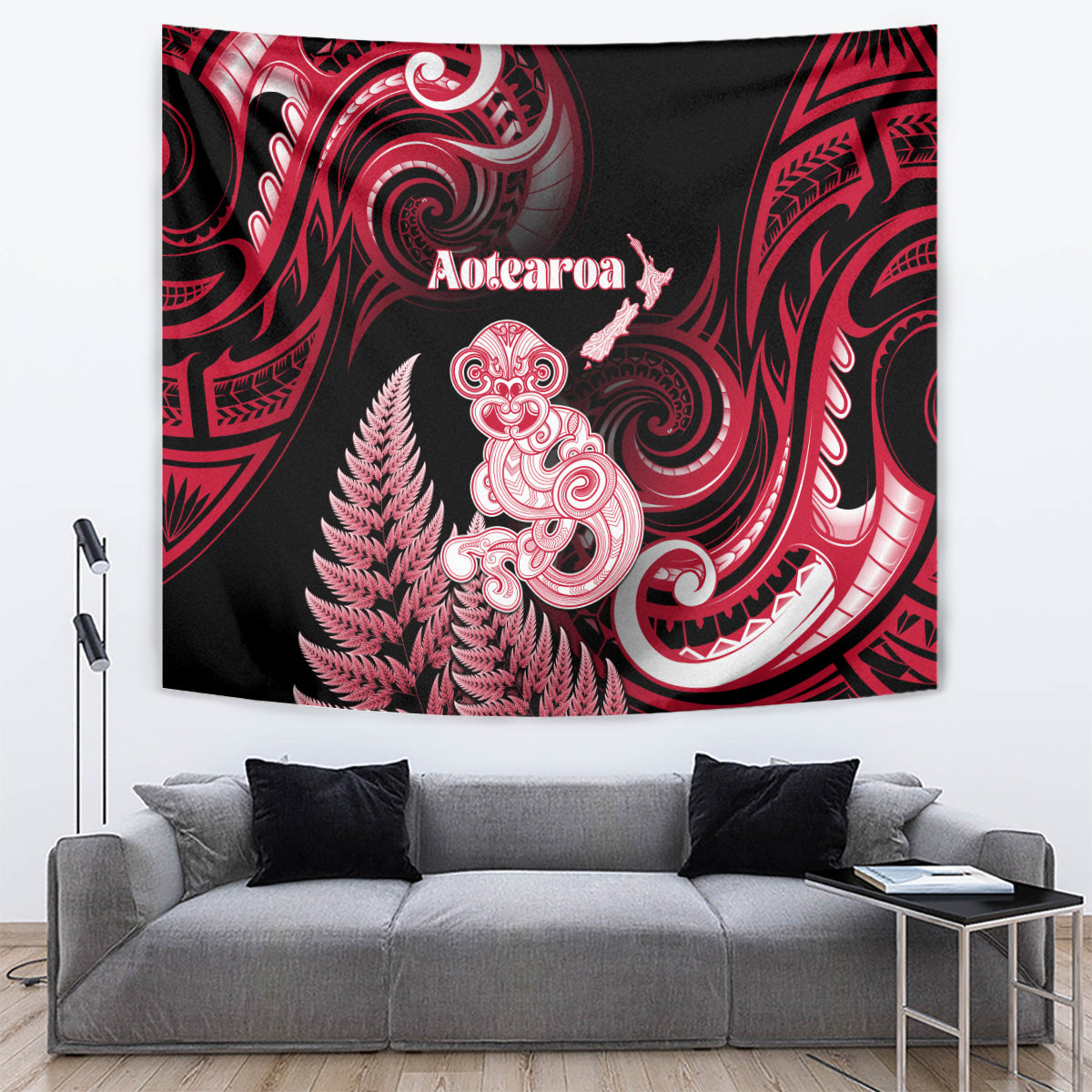 New Zealand Maori Taniwha Tapestry Silver Fern Red Version