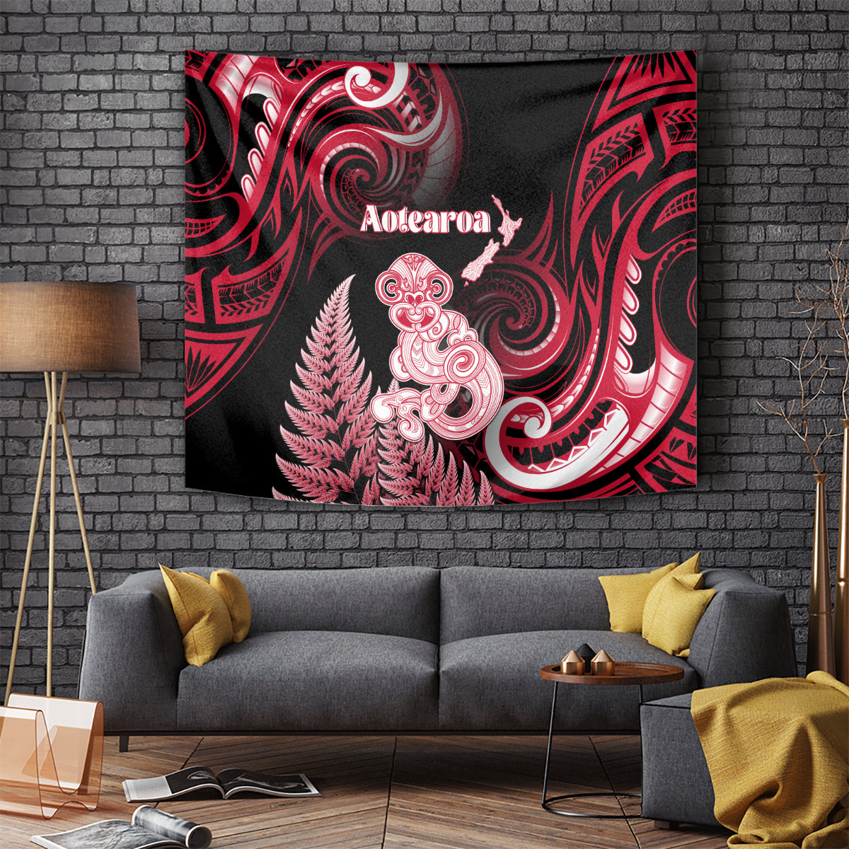 New Zealand Maori Taniwha Tapestry Silver Fern Red Version LT05 - Polynesian Pride