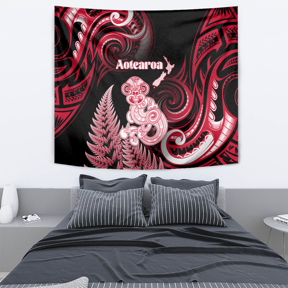 New Zealand Maori Taniwha Tapestry Silver Fern Red Version LT05 - Polynesian Pride