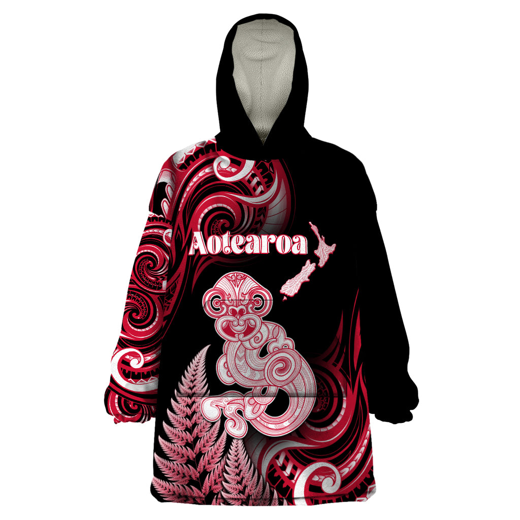 Personalised New Zealand Maori Taniwha Wearable Blanket Hoodie Silver Fern Red Version LT05 One Size Red - Polynesian Pride