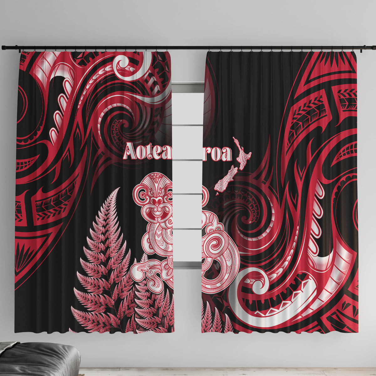 New Zealand Maori Taniwha Window Curtain Silver Fern Red Version LT05 With Hooks Red - Polynesian Pride