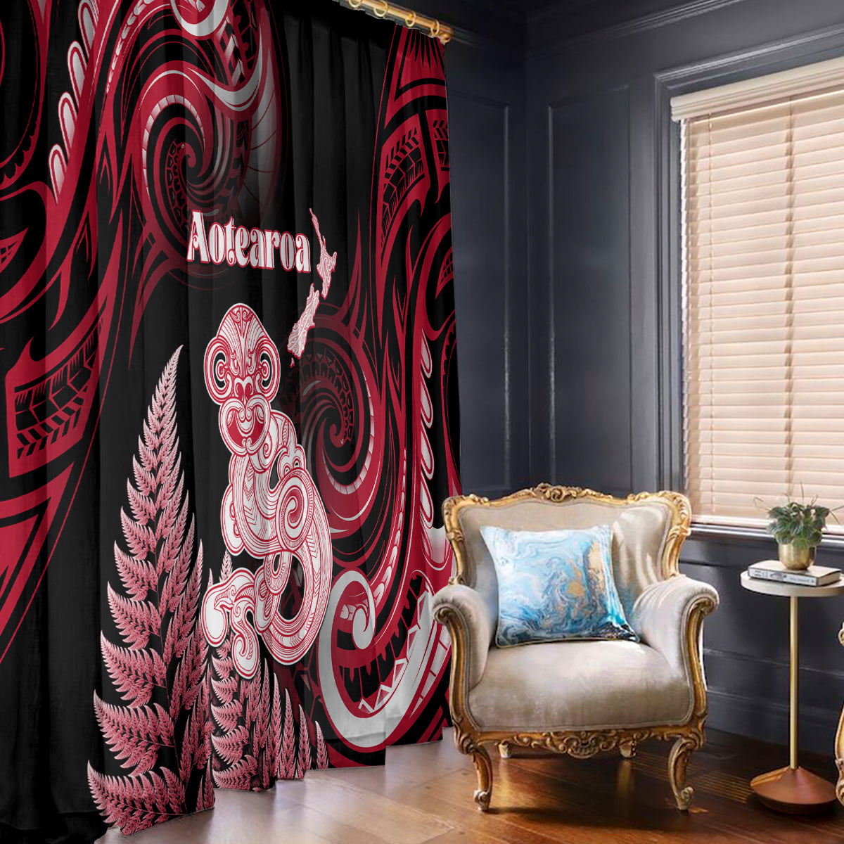 New Zealand Maori Taniwha Window Curtain Silver Fern Red Version LT05 - Polynesian Pride