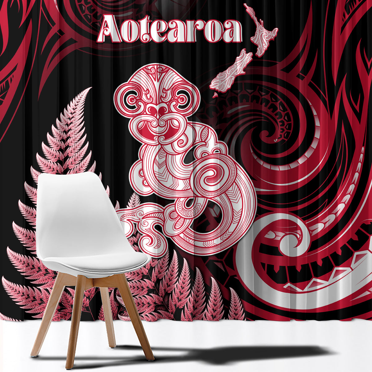 New Zealand Maori Taniwha Window Curtain Silver Fern Red Version LT05 - Polynesian Pride