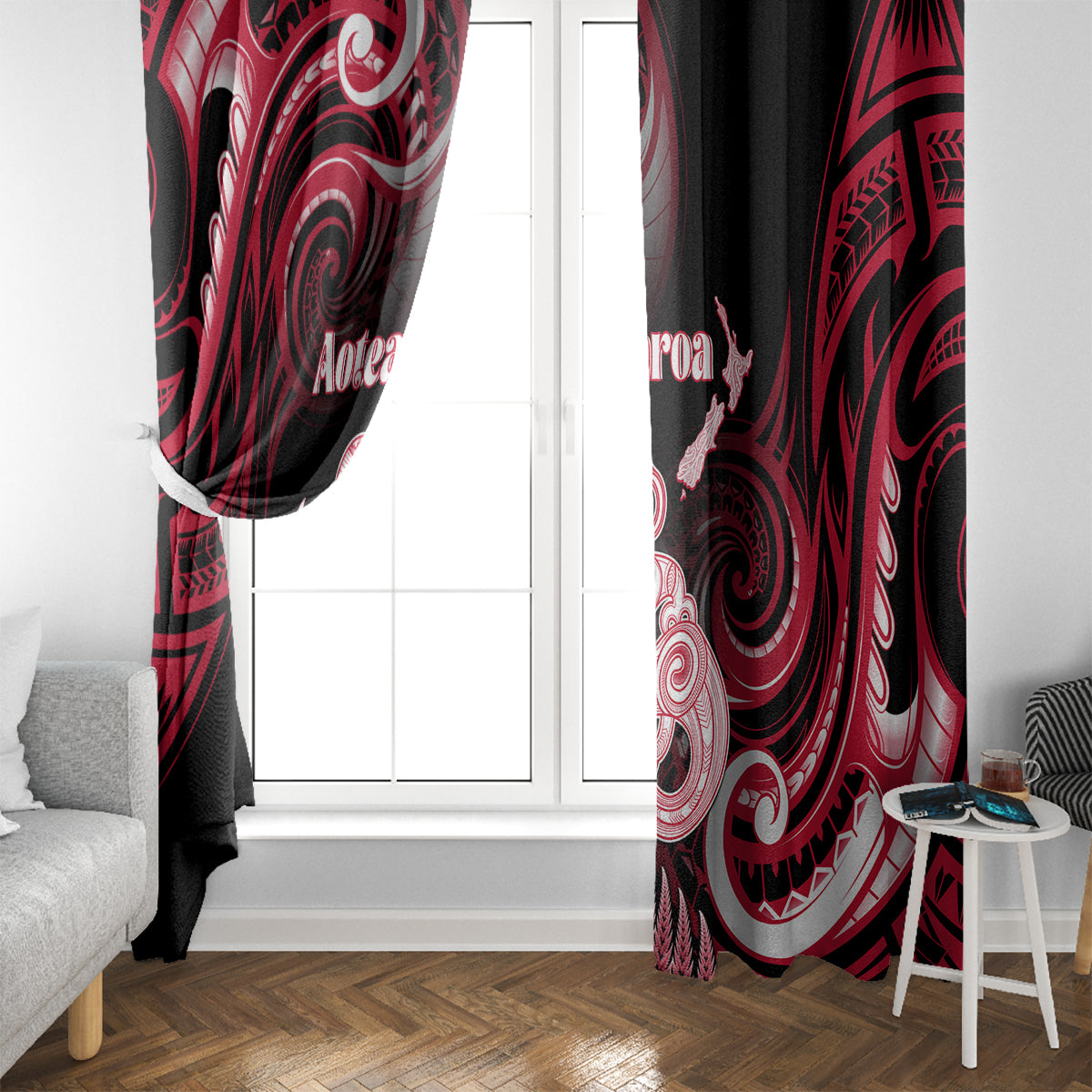 New Zealand Maori Taniwha Window Curtain Silver Fern Red Version LT05 - Polynesian Pride