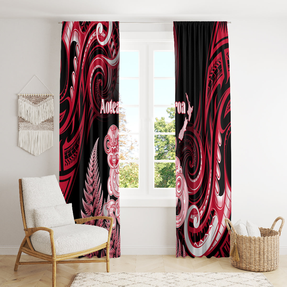 New Zealand Maori Taniwha Window Curtain Silver Fern Red Version LT05 - Polynesian Pride