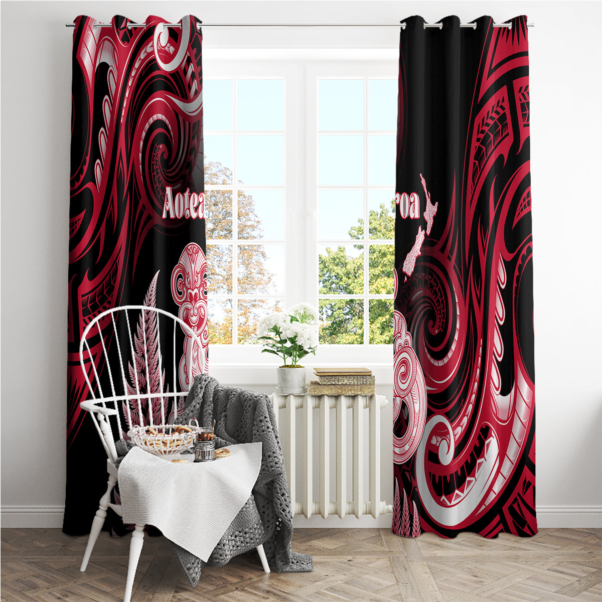 New Zealand Maori Taniwha Window Curtain Silver Fern Red Version LT05 - Polynesian Pride