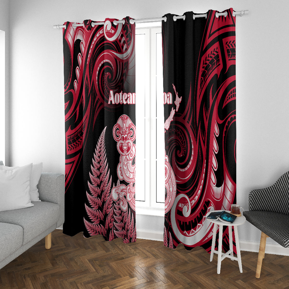 New Zealand Maori Taniwha Window Curtain Silver Fern Red Version LT05 With Grommets Red - Polynesian Pride