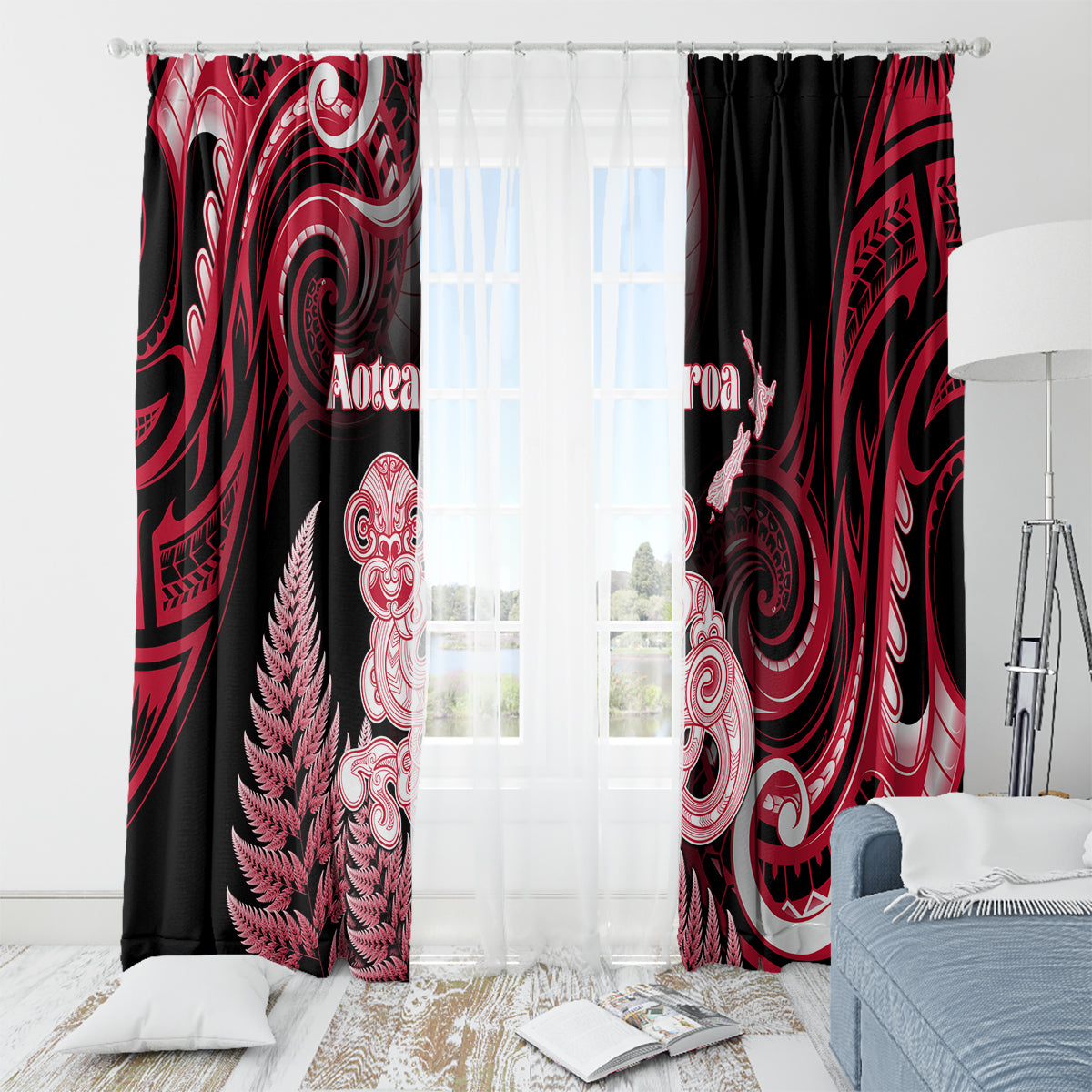 New Zealand Maori Taniwha Window Curtain Silver Fern Red Version LT05 - Polynesian Pride