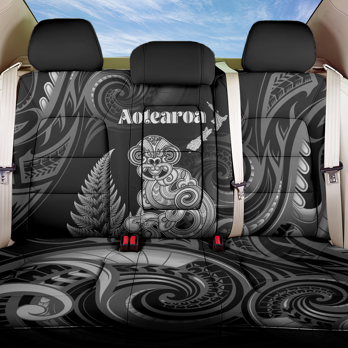 New Zealand Maori Taniwha Back Car Seat Cover Silver Fern Black Version LT05