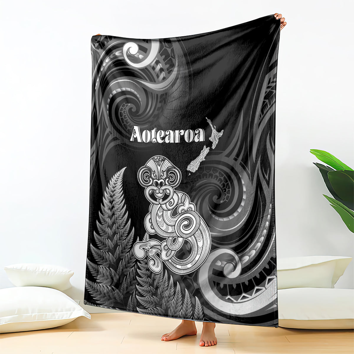 New Zealand Maori Taniwha Blanket Silver Fern Black Version LT05 - Polynesian Pride
