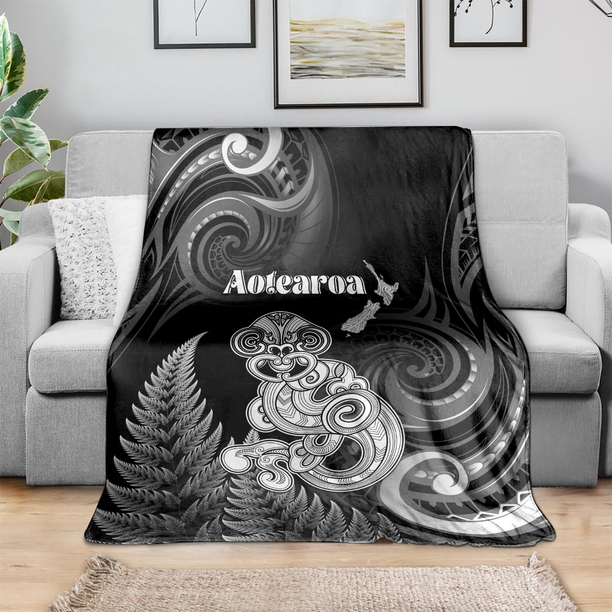 New Zealand Maori Taniwha Blanket Silver Fern Black Version LT05 - Polynesian Pride