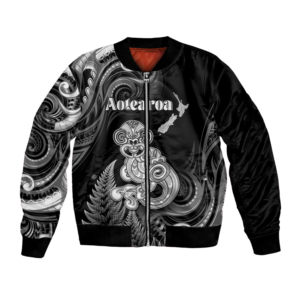 Personalised New Zealand Maori Taniwha Bomber Jacket Silver Fern Black Version LT05 Unisex Black - Polynesian Pride
