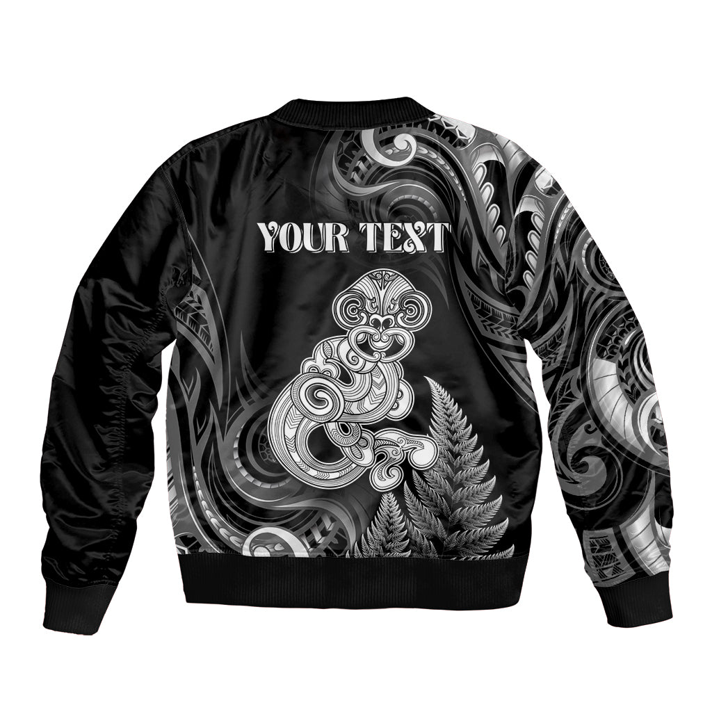 Personalised New Zealand Maori Taniwha Bomber Jacket Silver Fern Black Version LT05 - Polynesian Pride