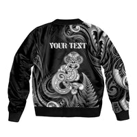 Personalised New Zealand Maori Taniwha Bomber Jacket Silver Fern Black Version LT05 - Polynesian Pride