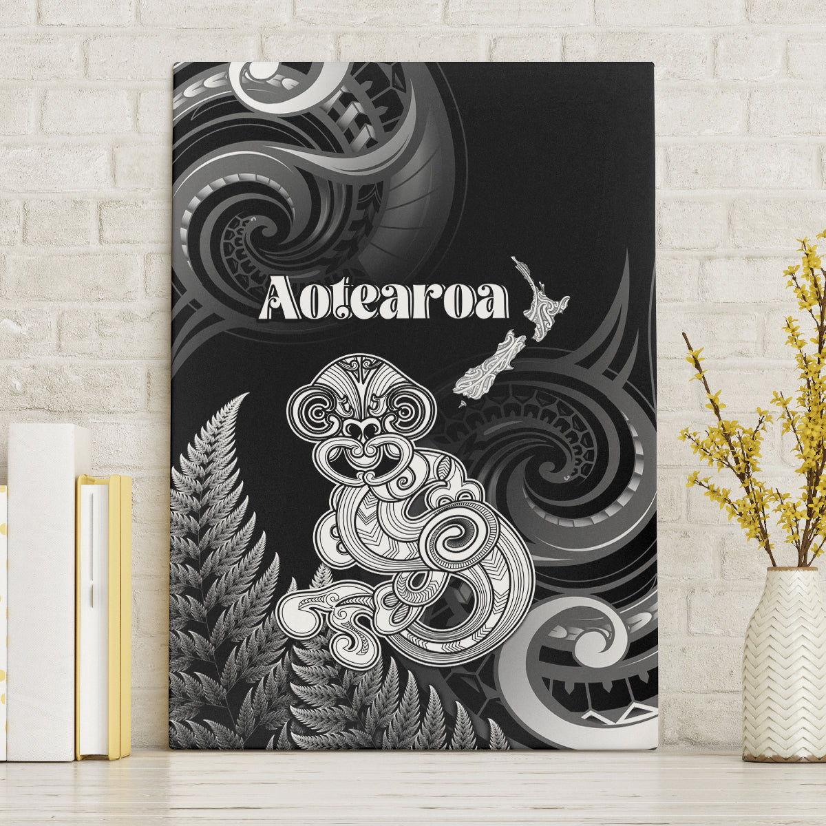 New Zealand Maori Taniwha Canvas Wall Art Silver Fern Black Version LT05 Without Frame Black - Polynesian Pride