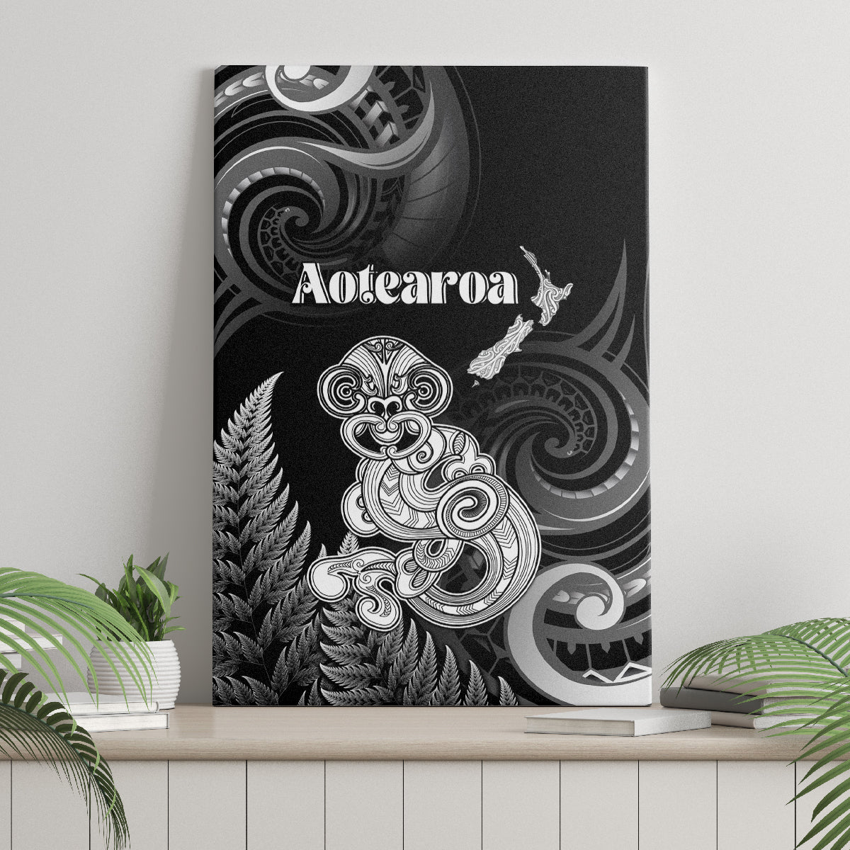 New Zealand Maori Taniwha Canvas Wall Art Silver Fern Black Version LT05 - Polynesian Pride