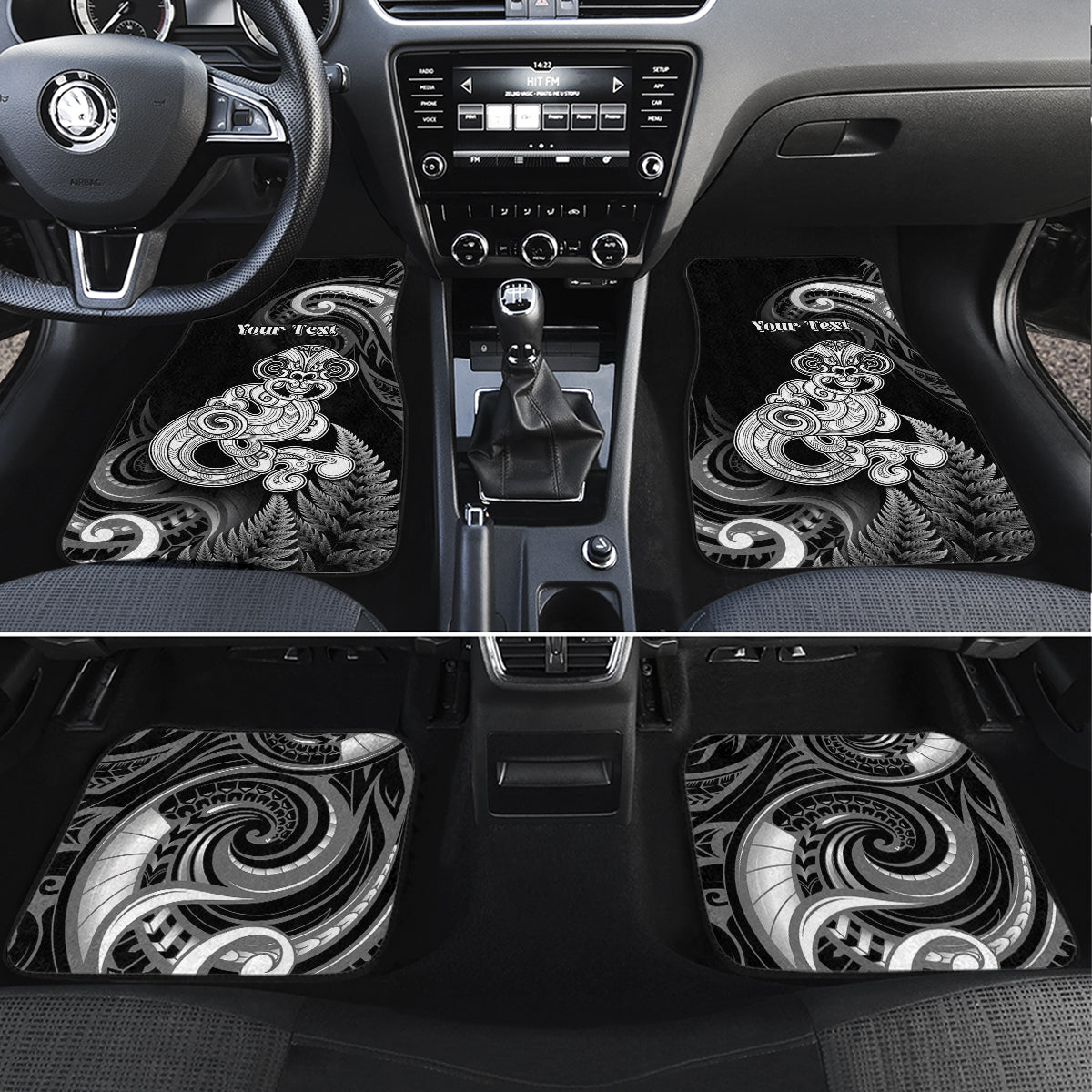 Personalised New Zealand Maori Taniwha Car Mats Silver Fern Black Version LT05 Set 4pcs Black - Polynesian Pride