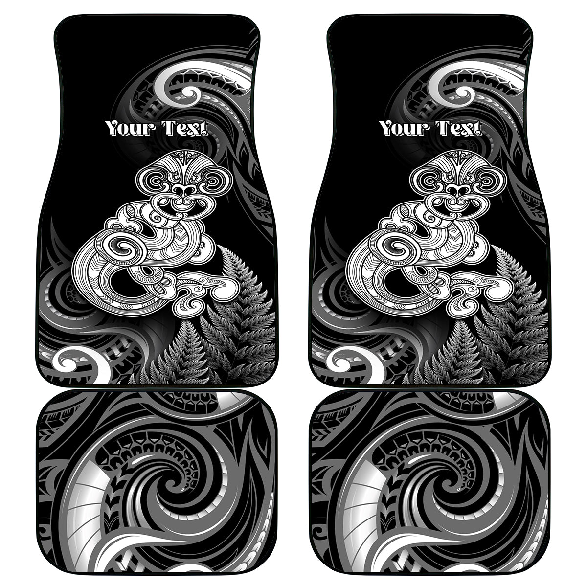 Personalised New Zealand Maori Taniwha Car Mats Silver Fern Black Version LT05 - Polynesian Pride