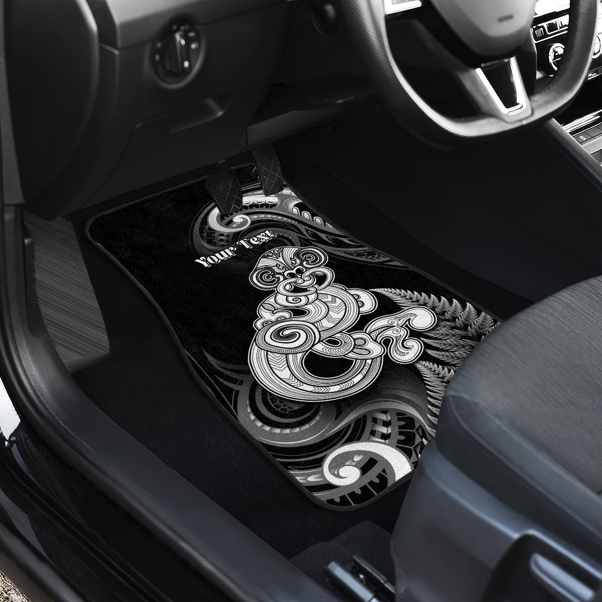 Personalised New Zealand Maori Taniwha Car Mats Silver Fern Black Version LT05 - Polynesian Pride