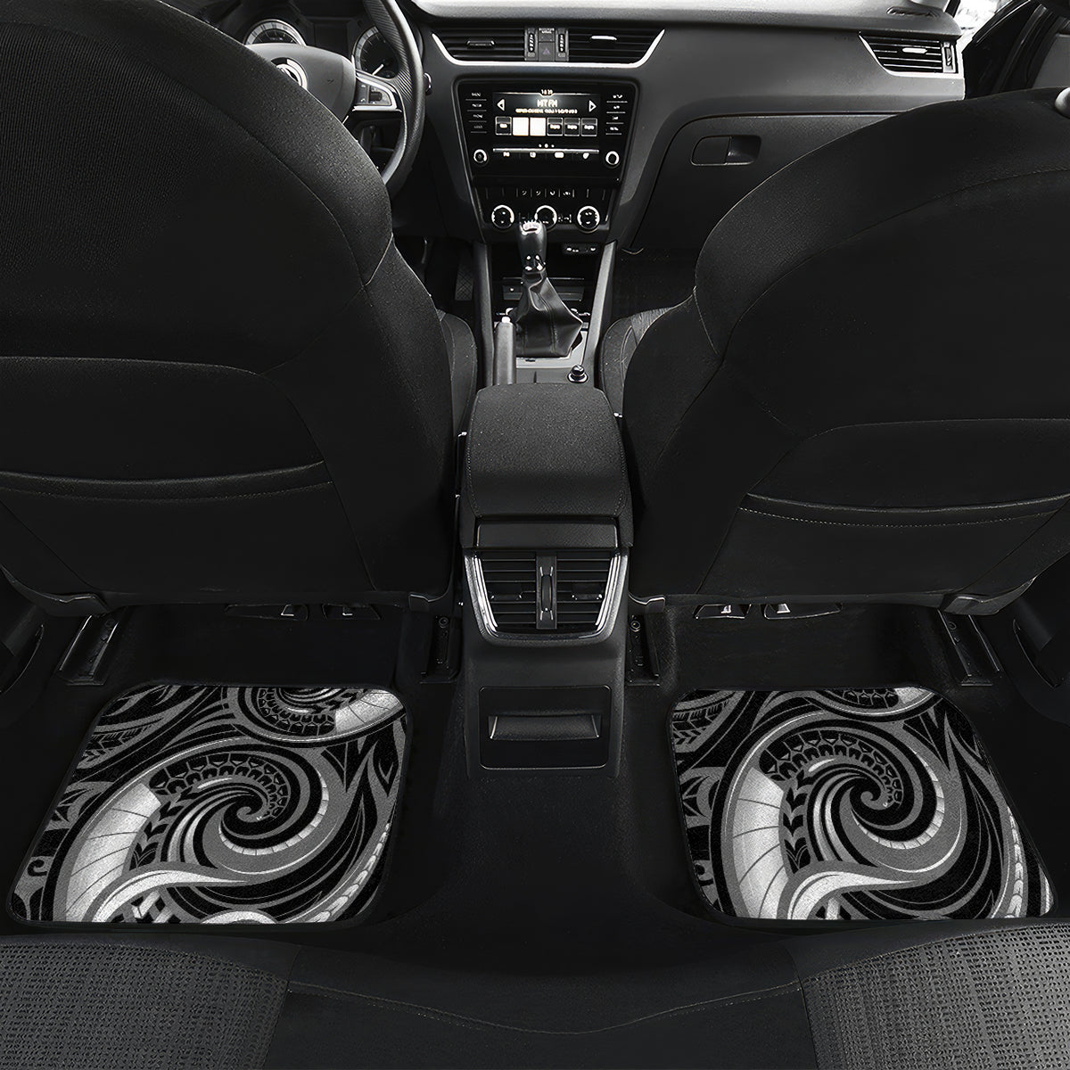 Personalised New Zealand Maori Taniwha Car Mats Silver Fern Black Version LT05 Set 2pcs - Back Black - Polynesian Pride