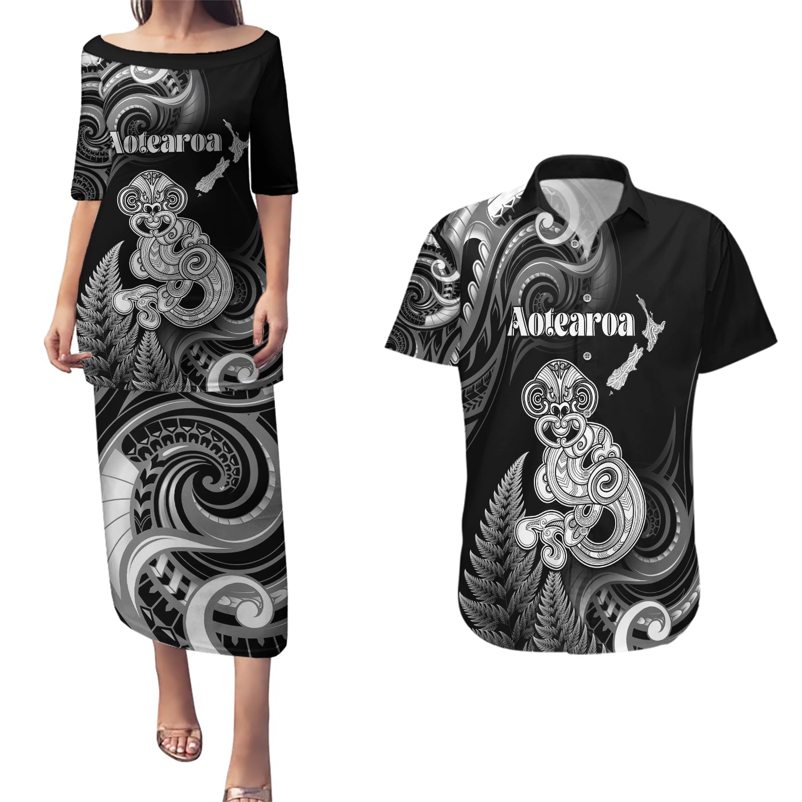 Personalised New Zealand Maori Taniwha Couples Matching Puletasi and Hawaiian Shirt Silver Fern Black Version LT05 Black - Polynesian Pride