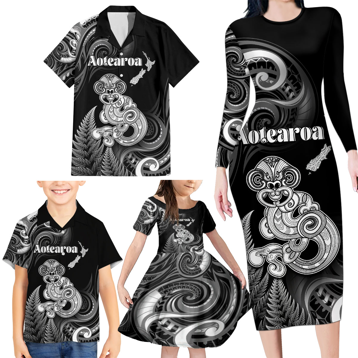 Personalised New Zealand Maori Taniwha Family Matching Long Sleeve Bodycon Dress and Hawaiian Shirt Silver Fern Black Version LT05 - Polynesian Pride