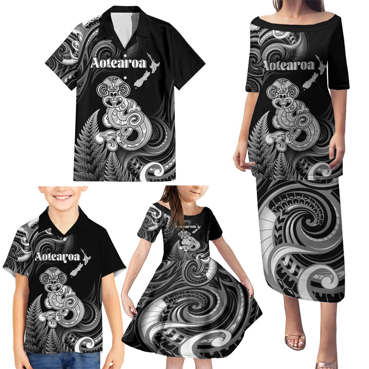Personalised New Zealand Maori Taniwha Family Matching Puletasi and Hawaiian Shirt Silver Fern Black Version LT05 - Polynesian Pride