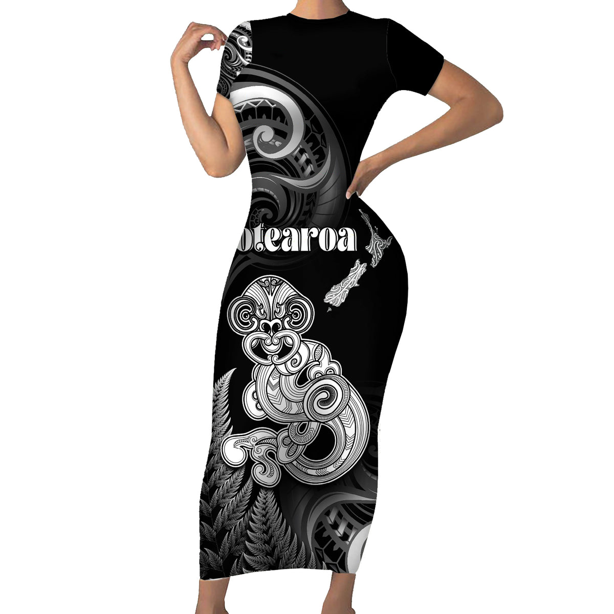 Personalised New Zealand Maori Taniwha Family Matching Short Sleeve Bodycon Dress and Hawaiian Shirt Silver Fern Black Version
