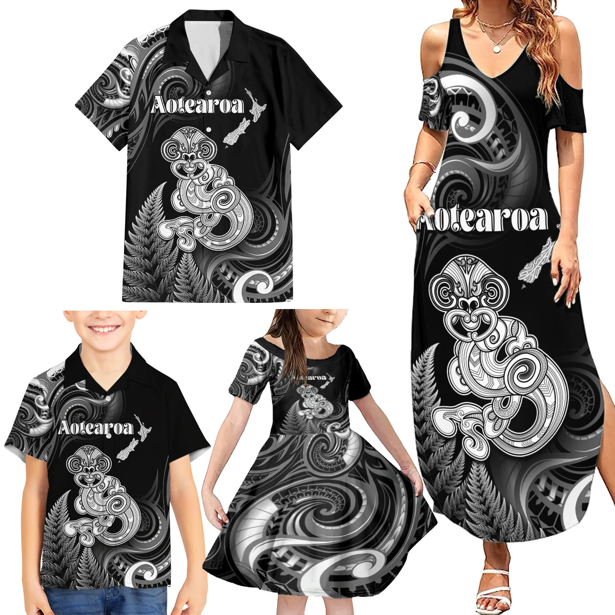 Personalised New Zealand Maori Taniwha Family Matching Summer Maxi Dress and Hawaiian Shirt Silver Fern Black Version LT05 - Polynesian Pride