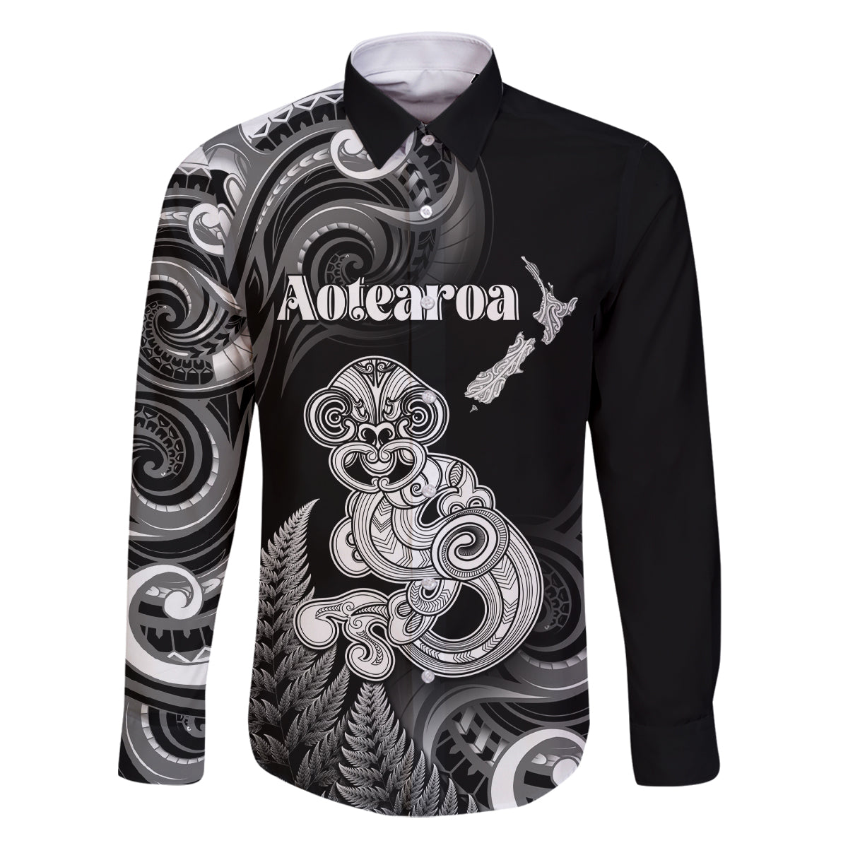 Personalised New Zealand Maori Taniwha Family Matching Summer Maxi Dress and Hawaiian Shirt Silver Fern Black Version