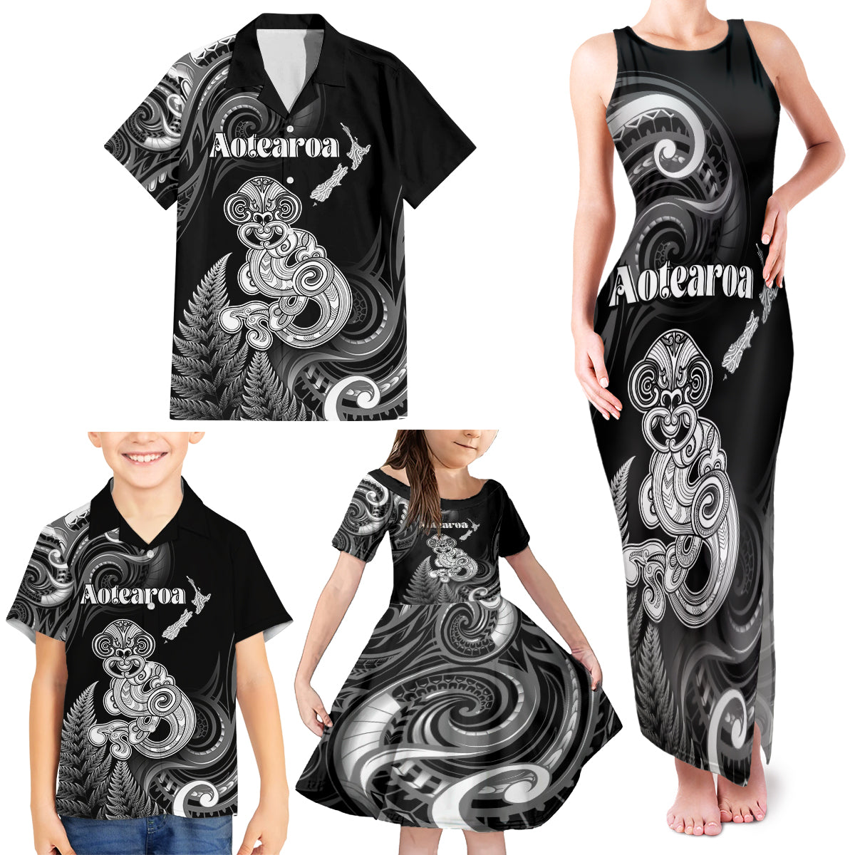 Personalised New Zealand Maori Taniwha Family Matching Tank Maxi Dress and Hawaiian Shirt Silver Fern Black Version