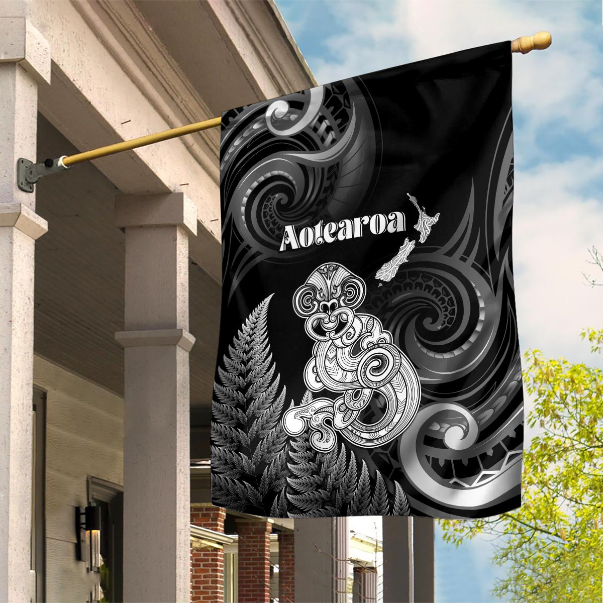 New Zealand Maori Taniwha Garden Flag Silver Fern Black Version LT05 House Flag Black - Polynesian Pride